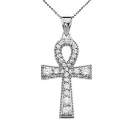 Cubic Zirconia Sterling Silver Ankh Cross Pendant Necklace, 18"