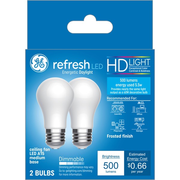 GE Refresh LED Light Bulbs, 60 Watt, Daylight, A15 Ceiling Fan Bulbs, Frosted (2 Pack)