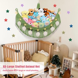 Stuffed Animal Hammock Corner, 56'' Large Boho Leaf Macrame Wall Mount Toy Hammock, Hanging Net Organizer for Teddy Plush, Avocado Green Nursery Toy Net w/Star Lights for Kid Girls Boys Gift