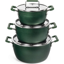Granitestone Green Pots and Pans Set Nonstick, 6 Stackable Piece Cooking Pots Set, Kitchen Pots, Non Stick Coating, 5qt 3qt & 1.5qt Pots with Lids, Stay Cool Handles Dishwasher Safe 100% Toxin Free
