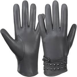 FIORETTO Womens Genuine Leather Gloves Faux Fur Lined Winter Gloves Touchscreen Luxury Sheepskin Gloves Gray Small