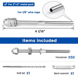 Muzata 50 Pack 1/8" Cable Railing Hardware Kit Hand Swage Threaded Stud Tensioner for 2x2 Metal Post T316 Stainless Steel Deck Cable Railing System CR23