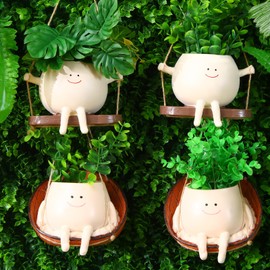 Nuogo 4 Pcs Swing Face Flower Pot Hanging Planter Outdoor Indoor Cute Flower Succulent Plant Swing Pot Resin Swinging Plant Hanger Smile Hanging Head Planter for Father Teacher Gifts, 2 Styles