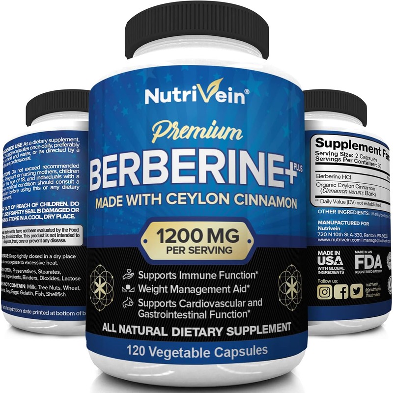 Nutrivein Premium Berberine HCL 1200mg Plus Organic Ceylon Cinnamon -