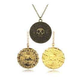 Yissw Round Gold Coin Skull Necklace Pendant Dress Accessory Movie Pirates of The Caribbean Medal Necklace Retro Jewelry (Gold