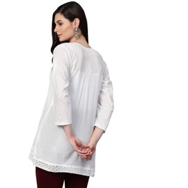 Ada Indian Hand Embroidered Chikankari Cotton Top Tunic Blouse Shirt for Women A208706 (White, Large)