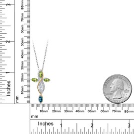 Cross Necklace For Women In 925 Silver and 10K Yellow Gold with Moissanite and Peridot and London Blue Topaz | 1.45 Cttw | Jesus Christian Religious Crucifix | Marquise 8X4MM | With 18 Inch Chain