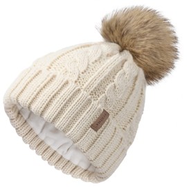 FURTALK Winter Hat Women Fleece Lined Beanie Hat Detachable Pom Pom Hat Warm Bobble Hat Double Layer Thermal Hat Beige