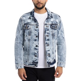 X RAY Mens Denim Jacket, Washed Ripped Distressed Flex Stretch Casual Trucker Biker Jeans Jacket for Men, Acid Blue - Ripped, Large