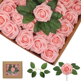 WANTMAZOR Artificial Flowers Pink Roses 100PCS Real Looking Foam Fake Roses with Leaves and for DIY Wedding Bouquets Bridal Shower Centerpieces Party Decorations (Pink)