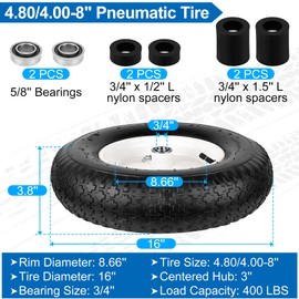 4.80/4.00-8" Wheelbarrow Tubed Tire and Wheel, 16" Universal Fit Pneumatic Tire with 3/4" or 5/8" Bearing, 3"-7" Hub, Adapter Kit Hand Truck Wheel Replacement for Garden Trailer, Wagons, 1 PCS