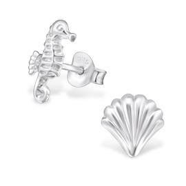 Seahorse and Seashell Stud Earrings 925 Sterling Silver