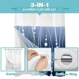 TERSUM No Hook Shower Curtain with Snap in Liner Sets, Blue Ombre Striped Shower Curtains for Bathroom Hotel 71 x 74in