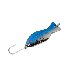 AL's Goldfish I100 Ice Fishing Jig/Spoon with Single J Hook and Optional red tag. Flasher Effect Jigging Lure for Crappie, Perch, Panfish, Trout and Bass - 3/16 oz. 1-1/2", Neon Blue