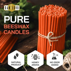 Danilovo Thin Taper Beeswax Candles - Honey-Scented, Decorative Candles Ideal for Birthday Decoration or Church Prayers - Red Drip Free, Tall & Smokeless Pack of 50 pcs, 6.4 x 0.22 inch