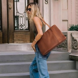 befen Genuine Leather Tote Bag for Women Work, Womens Totes Purse Shoulder Leather Purses Handbags with 15.6 Inch Compartment Cognac Brown