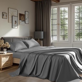 REDASW 100% Cotton Sheet Set 4 Pcs Queen Size Egyptian Cotton Sheets 1200 Thread Count Soft Breathable Sheet Set with 16" Deep Pocket Fitted Sheet (Queen, Dark Gray)