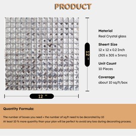Diflart Peel and Stick Mirror Glass Mosaic Tile, Silver, 12 x 12 Inch, 10 Sheets, Beveled Crystal Mosaic Tile, Self Adhesive Mirror Backsplash for Kitchen Bathroom Accent Wall DIY