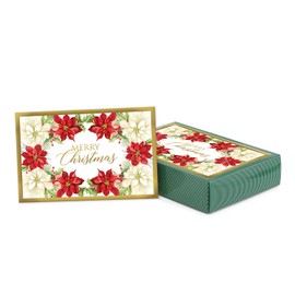 Masterpiece Poinsettia Floral Tradition Christmas Cards / 16 Boxed Winter Holiday Cards With Coordinating Red Envelopes / 4" x 6" Folded Poinsettia Greeting Card Set With Inside Verse