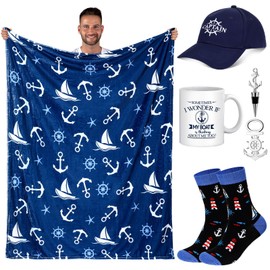 HunnmingRe 6 Pcs Boating Gifts for Men Include Nautical Anchor Blanket Boating Cap 11oz Mug Socks and Anchor Bottle Stopper Bottle Opener Birthday Christmas Presents for Dad Husband Father's Day