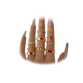 Red Zircon Stackable Knuckle Rings Sets for Women,9Pcs Cute Hollow Crystal Heart Shaped Twist Chain Finger Midi Rings Jewelry Accessories (Red)