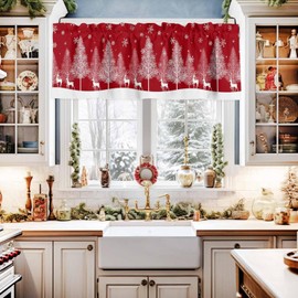 Christmas Valances for Kitchen Windows Xmas Tree Valance Curtains for Living Room, Winter Snowflake Reindeer Rod Pocket Window Valance Red Window Treatment for for Bathroom Bedroom 54x18inch, Washable