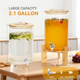 WILLOW WEAVE 2.1 Gallon Glass Drink Dispensers for Parties, Beverage Dispenser with Stand & Leak-Proof Spigot, Lemonade or Juice Dispenser for Parties, Bars or Events, 8L