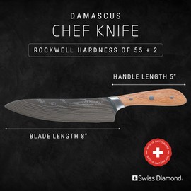 Swiss Diamond Chef Knife, German Steel with Carbonized Ash Wood, Full Tang Handle, Damascus Blade Chef Knives Professional Grade, 55+2 Rockwell Hardness, 8 Inch