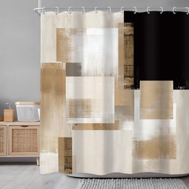 Black Brown Abstract Geometry Modern Tan Bathroom Shower Curtain Set