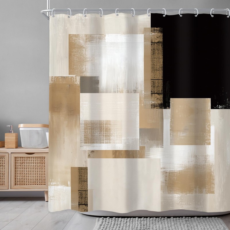 Black Brown Abstract Geometry Modern Tan Bathroom Shower Curtain Set