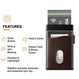 i-Fuel Kreditkartenetui, RFID-Blockierung, schlanker Metall-Pop-Up-Kartenhalter mit Front-Ledertasche, Geldbörse für Herren, hält 5 Karten, 2 Farboptionen, dunkelbraun, Minimalistisch