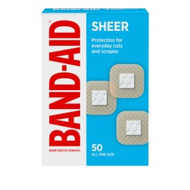 BAND-AID Brand Sheer Spots Adhesive Small Square Bandages, Sterile, Individually Wrapped Discreet First Aid & Wound Care for Minor Cuts & Scrapes, Quilt-Aid Comfort Pads, One Size, 50 ct