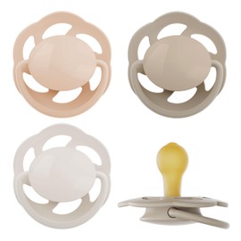 Now even more tooth-friendly: nip Cherry dummy for newborns, flat cherry shaped teat made of natural rubber, breastfeeding-friendly, BPA-free, sustainable, 0-2 months, pack of 4, orange/brown