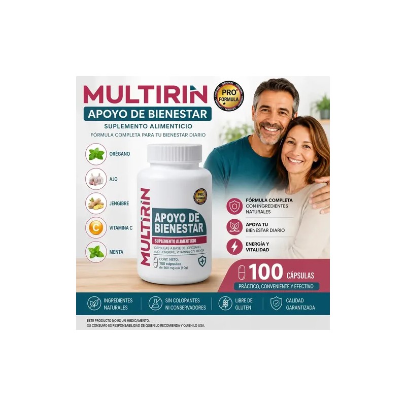 Multirin 100 Cápsulas Orégano Ajo Jengibre Vitaminac Menta