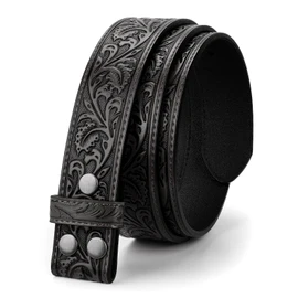 LEACOOLKEY Western Belt Strap for Men without Buckle 1.5" Wide Floral Engraved Embossed Leather Belt Strap,Black,Fit Size 46"-50"