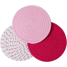 Lifaith Potholders Set Trivets Set 100% Pure Cotton Thread Weave Hot Pot Holders Set (Set of 3) Hot Pads, Hot Mats, Stylish Coasters, Spoon Rest for Bakingand Cooking, Diameter 7 Inches (Pink Set)