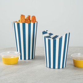 Restaurantware Bio Tek 16 Ounce French Fry Cups 100 Disposable French Fry Holders - With Fold-Down Cover Tab Lock Closure Striped Paper Fry Cups For Onion Rings Chips or Popcorn Stackable