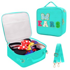 Chenille Letter Bow Mouse Ears Travel Case, Park Ears Headband Holder Hair Accessories Organizer Bag for Girls Women Kids Adults, Large Makeup Bag Snack Bags with Zipper for Travel Picnic - Cyan