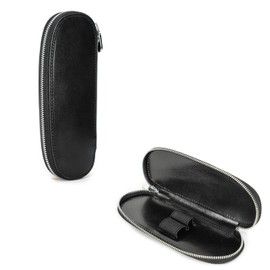 Hiram Leather Pen Case for 2 Pens Vegetable Tanned Leather Fountain Pen Storage Box with Zipper Closure and Elastic Fixed Strap Design (Black)