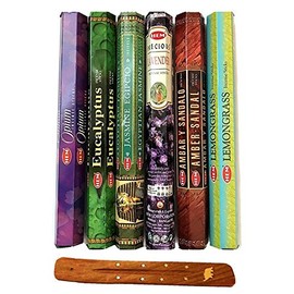 Six Most Popular Hem Incense Scents, 120 Sticks Total, with Free Burner - 20 Sticks Each of Lemongrass, Lavender, Egyptian Jasmine, Ambar Sandalo, Opium, Eucalyptus.