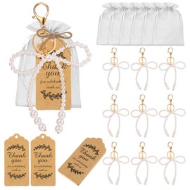 Ecation 20 Set Pearl Bow Keychain Party Favor Set Steel Aesthetic Keyring Charm Accessories Souvenir Present Kraft Tag Organza Bag for Guest Baptism Bridal Shower Wedding(White,Pearl Bow)