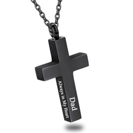 Cross Urn Necklace for Ashes for Men Women Cremation Jewelry Urns Locket Pendant Ashes Holder Memorial Jewelry-Always in My Heart,Black Dad