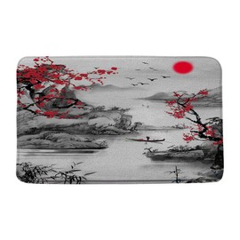 Asian Decor Bath Mat Rugs Red Plum Blossom Branch Japanese Bamboo Trees Sun and Misty Mountains Art Chinese Traditional Ink Bathroom Indoor Carpet Bathtub Carpet Absorbent with Lining 17.7 x 29.5 Inch