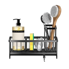 PengGengA Sink Organiser, Sink Organiser with Removable Brush Holder, Sink Caddy Organiser with Drain Pan for Kitchen and Bathroom