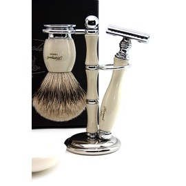 Mens Classic Silver Tip Horn Badger Hair Brush Safety Razor Double Brush & Shaving Stand Stainless Steel Shaving Bowl & Soap