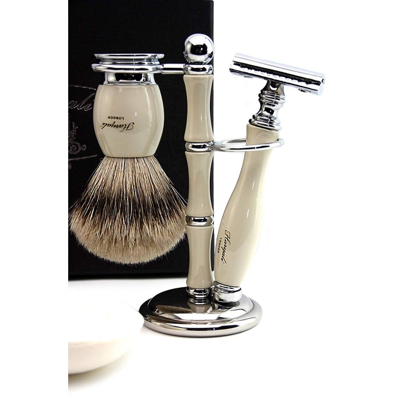 Mens Classic Silver Tip Horn Badger Hair Brush Safety Razor