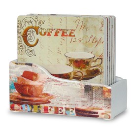 Coffee Coasters - Set of 6 Drink Coasters with Holder - Coffee Inspired Art on Each - Housewarming Gift - Vintage Designs - Decorative - 4" Square
