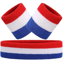 Hatstar 3-Piece Sweatband Set, 1 x Headband + 2 x Sweatbands for Wrists, Headband for Men and Women, Accessory for Carnival and Fancy Dress Costume (3 Colours Blue/White/Red)