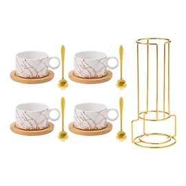 Jusalpha Golden Hand Print Teacup Coffee Cup with Bamboo Saucer Set FDTCS19 (4, White)