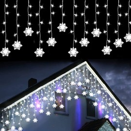 150 LED Icicle Lights with Snowflake,8 Twinkle Modes Curtain Lights,Hanging Fairy Lights for Outdoor Christmas Lights, Holiday Wedding Party Decoration (White)